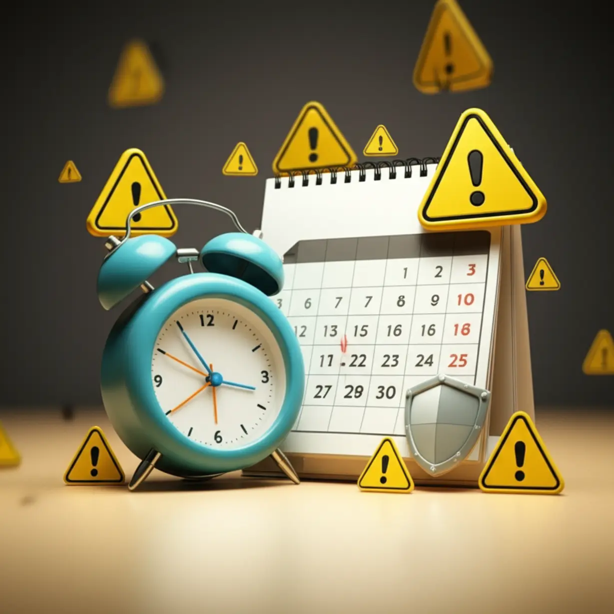 알람-시계,-달력,-느낌표-표지판,-방패가-있는-귀여운-3D-이미지.-전세퇴거자금대출-신청-시기와-주의사항,-그리고-철저한-준비의-중요성을-보여줍니다.