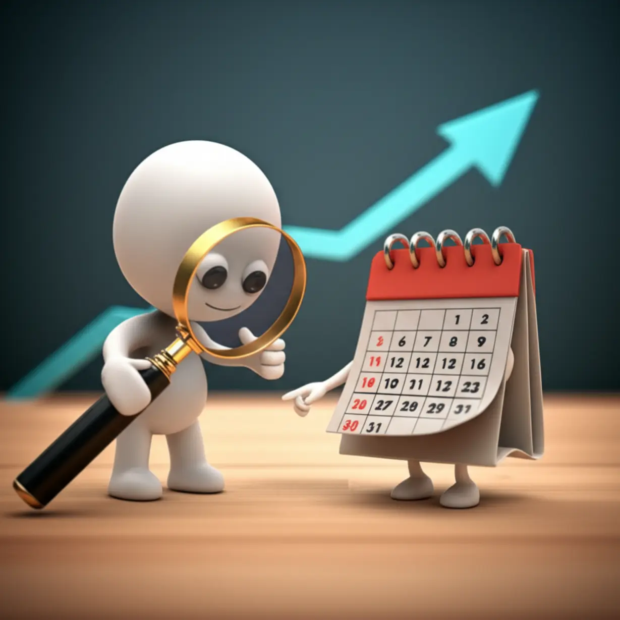 귀여운-돋보기-캐릭터가-달력을-보며-앞으로를-살펴보는-3D-그림입니다.-미래-전망과-관심을-표현합니다.