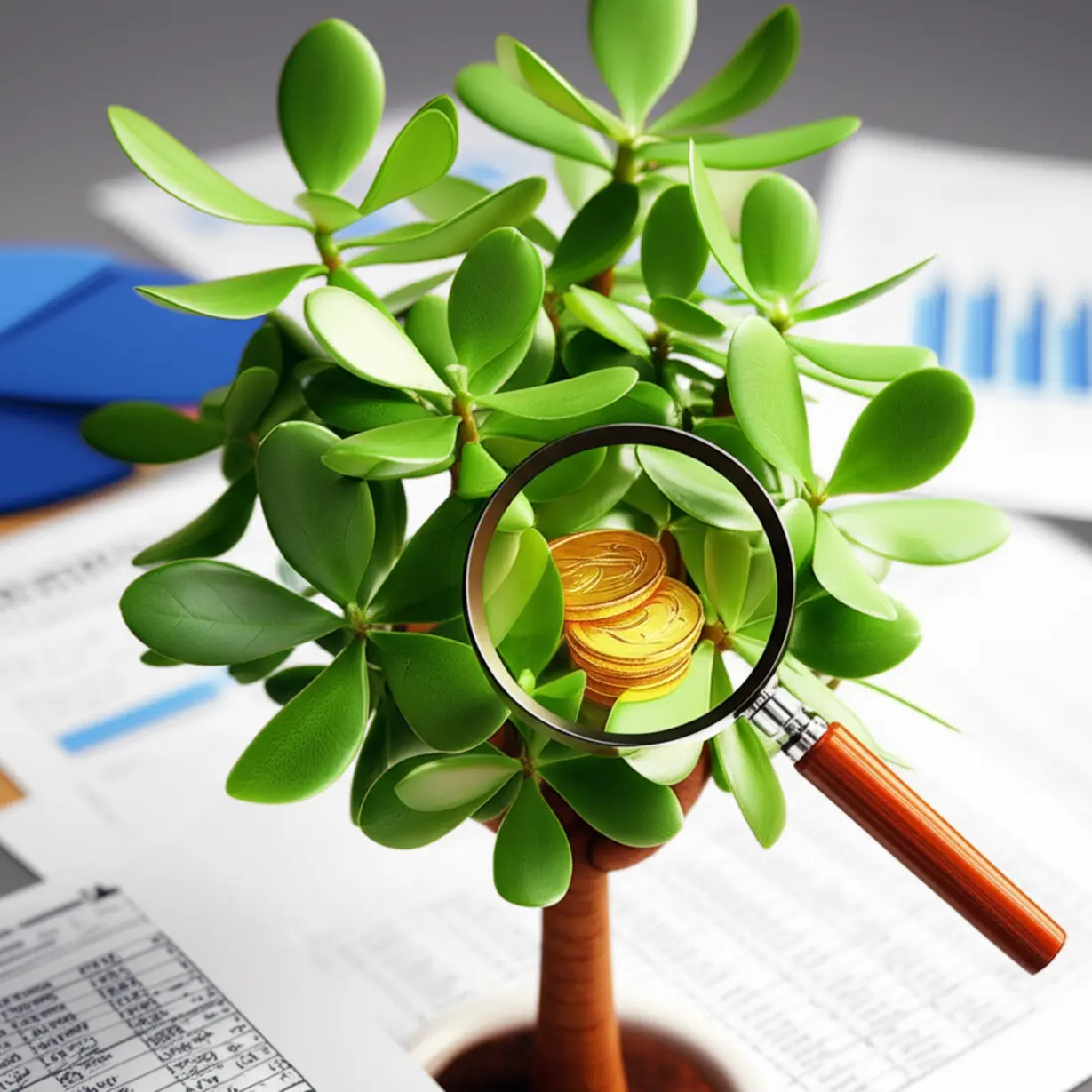 푸른-잎이-무성한-돈나무-위로-돋보기가-놓여진-모습.-고배당주-소문의-진위를-파헤치기-위한-탐색-과정을-상징하며,-숨겨진-투자-기회를-찾는-모습을-나타냅니다.