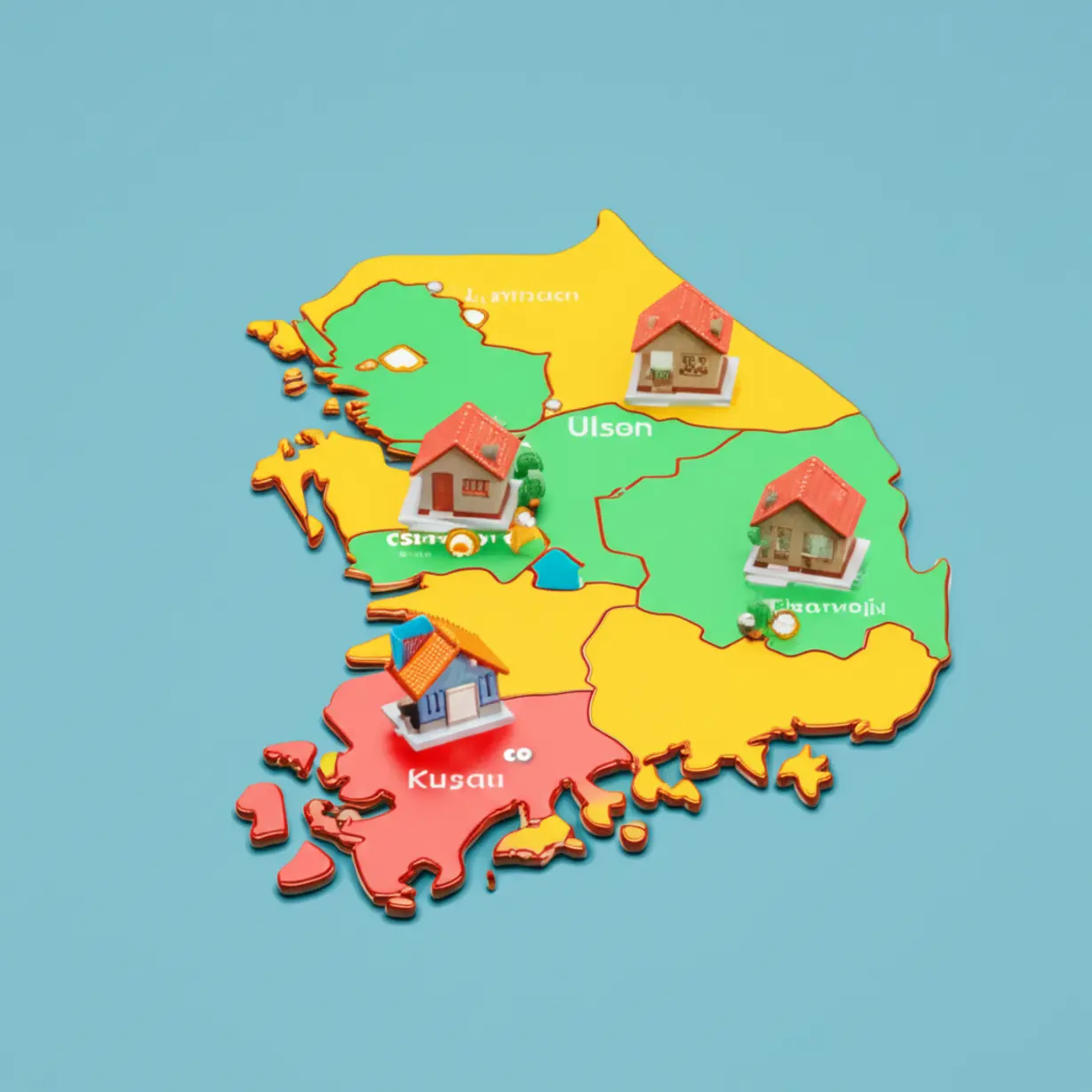 부산,-대구-등-지방-주요-도시별-부동산-시장의-변화를-나타내는-한국-지도와-아이콘이-있는-귀여운-3D-이미지