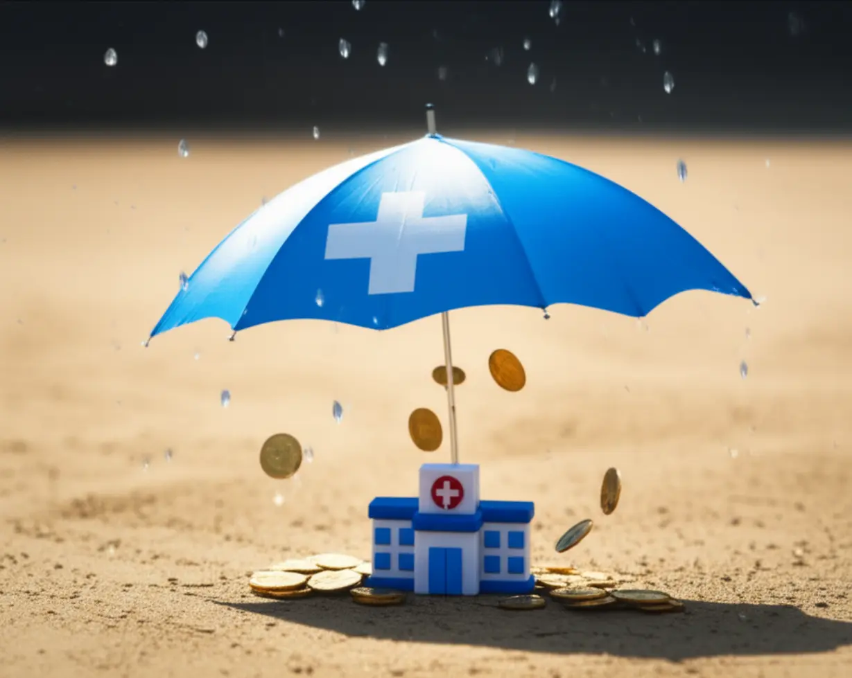 의료비-부담을-상징하는-비와-동전을-막아주는-우산과-병원-건물.-산정특례-제도로-의료비-걱정을-줄여주는-모습을-표현.