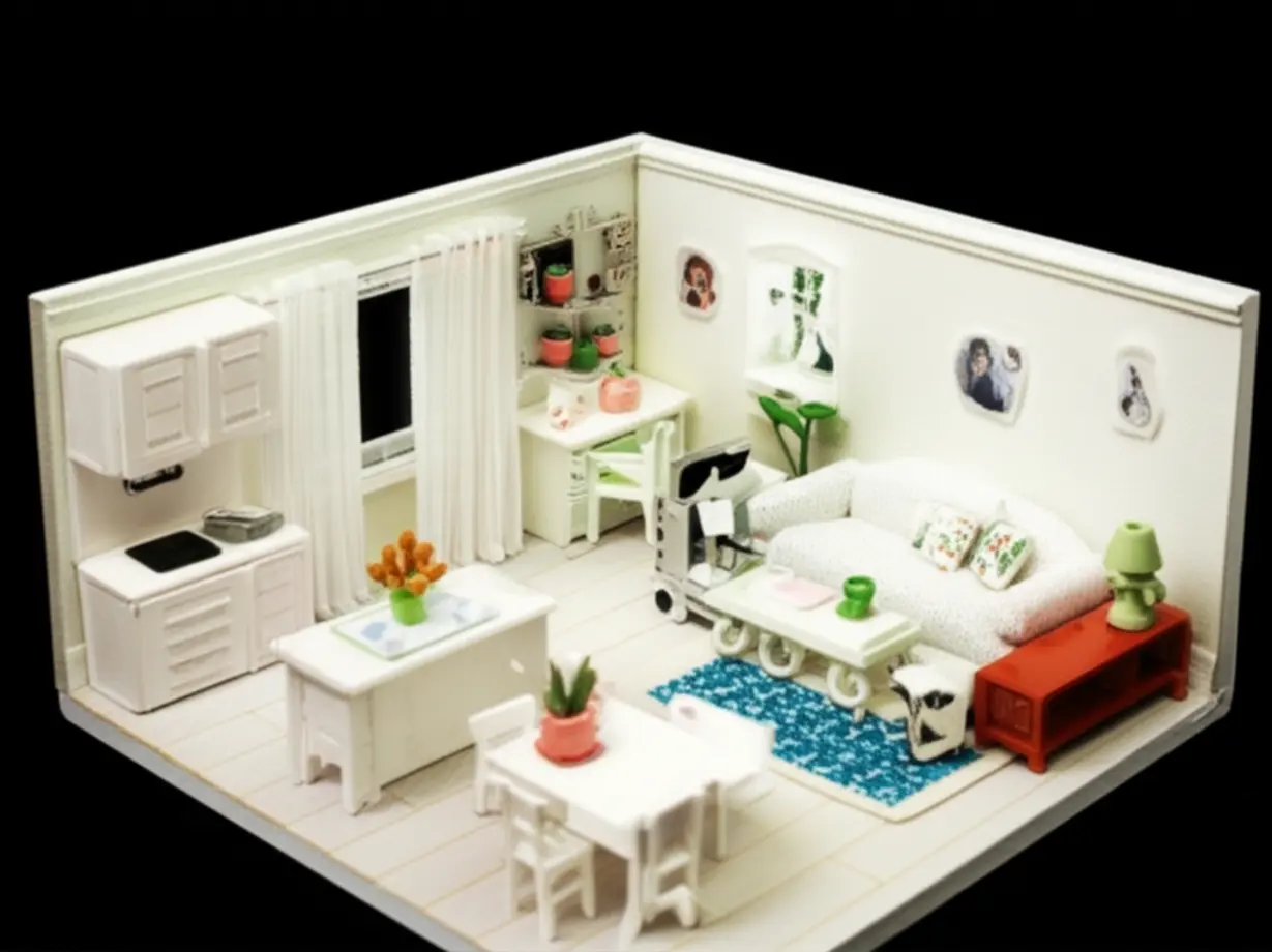 깔끔하게-잘-꾸며진-3D-미니어처-아파트-내부-거실-모습.-실제와-동일하게-지어져야-하는-견본주택-모델하우스의-특징을-보여줍니다.