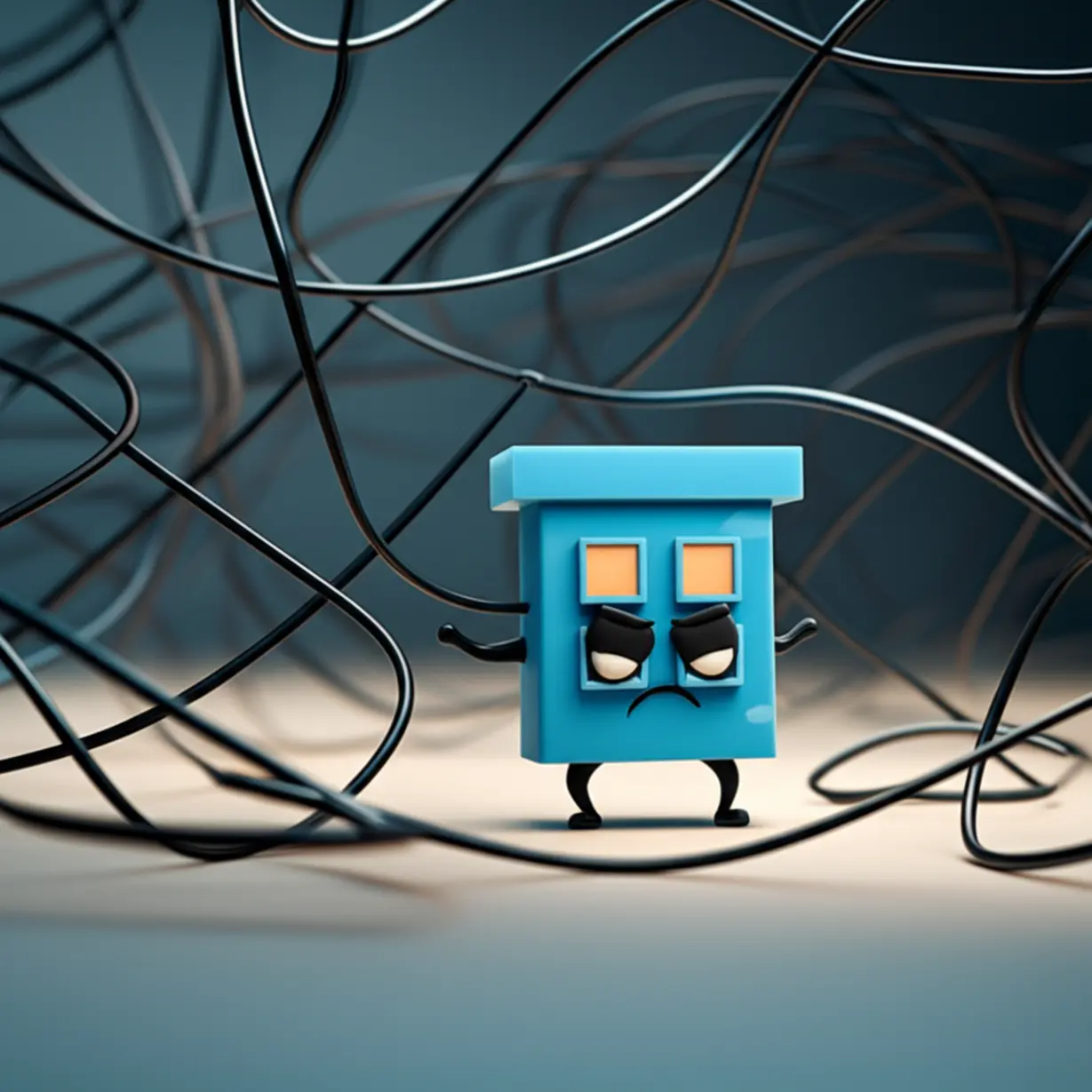 작고-단단해-보이는-건물-아이콘이-복잡한-선이나-장애물을-밀어내는-모습의-귀여운-3D-그림.-부동산-관리의-어려움-극복을-상징합니다.-건물-문제-해결-이미지.