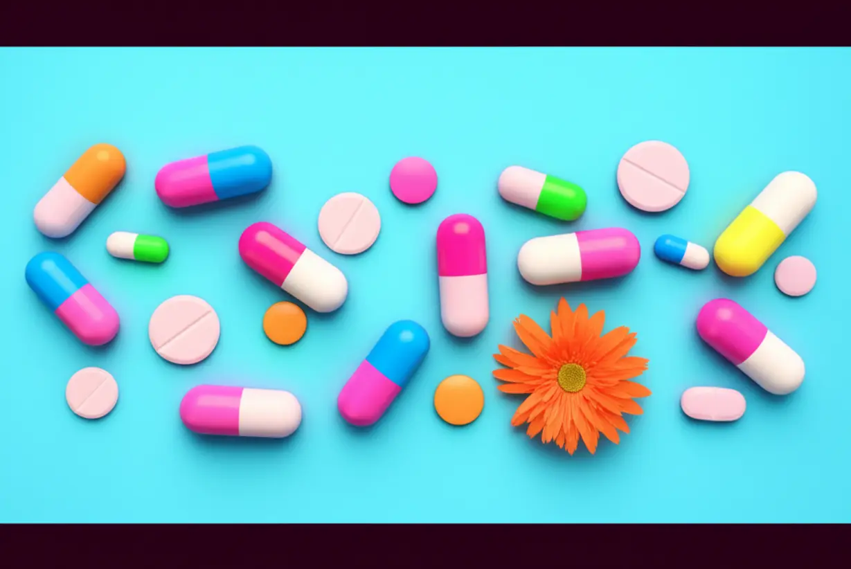 다양한-색깔의-약들이-놓여-있고-꽃이-피어있는-모습-귀여운-3D-이미지-(Cute-3D-image-of-various-colored-pills-arranged-with-a-blooming-flower)