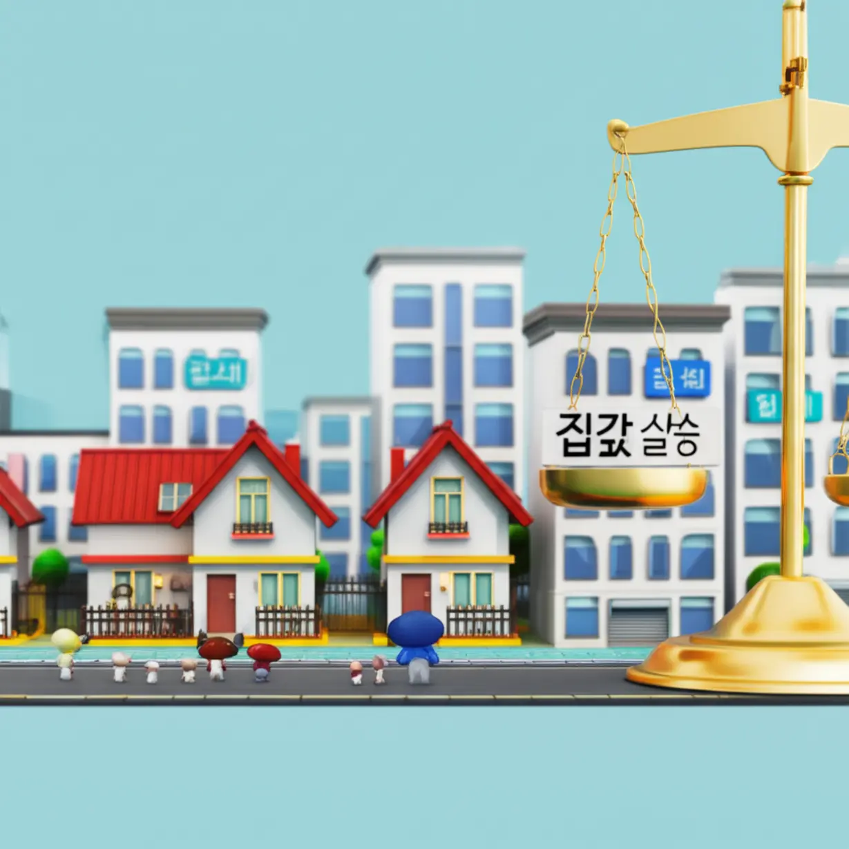 정부-부동산-정책으로-인해-예상되는-주택-매물-감소와-전월세-상승,-결국-집값-상승-가능성을-나타내는-귀여운-3D-시장-상황-그림