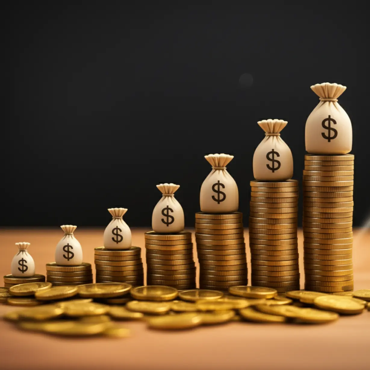 크게-상승하는-막대그래프와-그-위에-쌓인-귀여운-동전-더미나-돈주머니의-3D-그림.-부동산-가치-상승과-시세-차익을-표현합니다.-재테크-수익률-이미지.