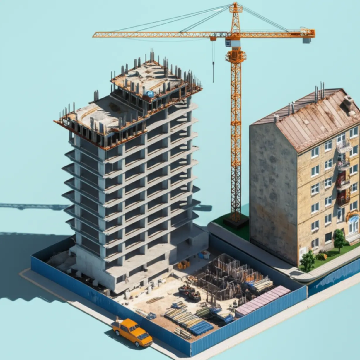 낡은-아파트가-새-아파트로-변하는-재건축-현장을-보여주는-3D-일러스트,-크레인이-보이고-깔끔하게-정비된-모습