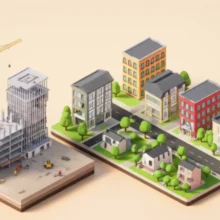 재건축-재개발-차이를-보여주는-3D-일러스트,-새-아파트와-정비된-주택가,-넓어진-도로와-공원이-있는-모습