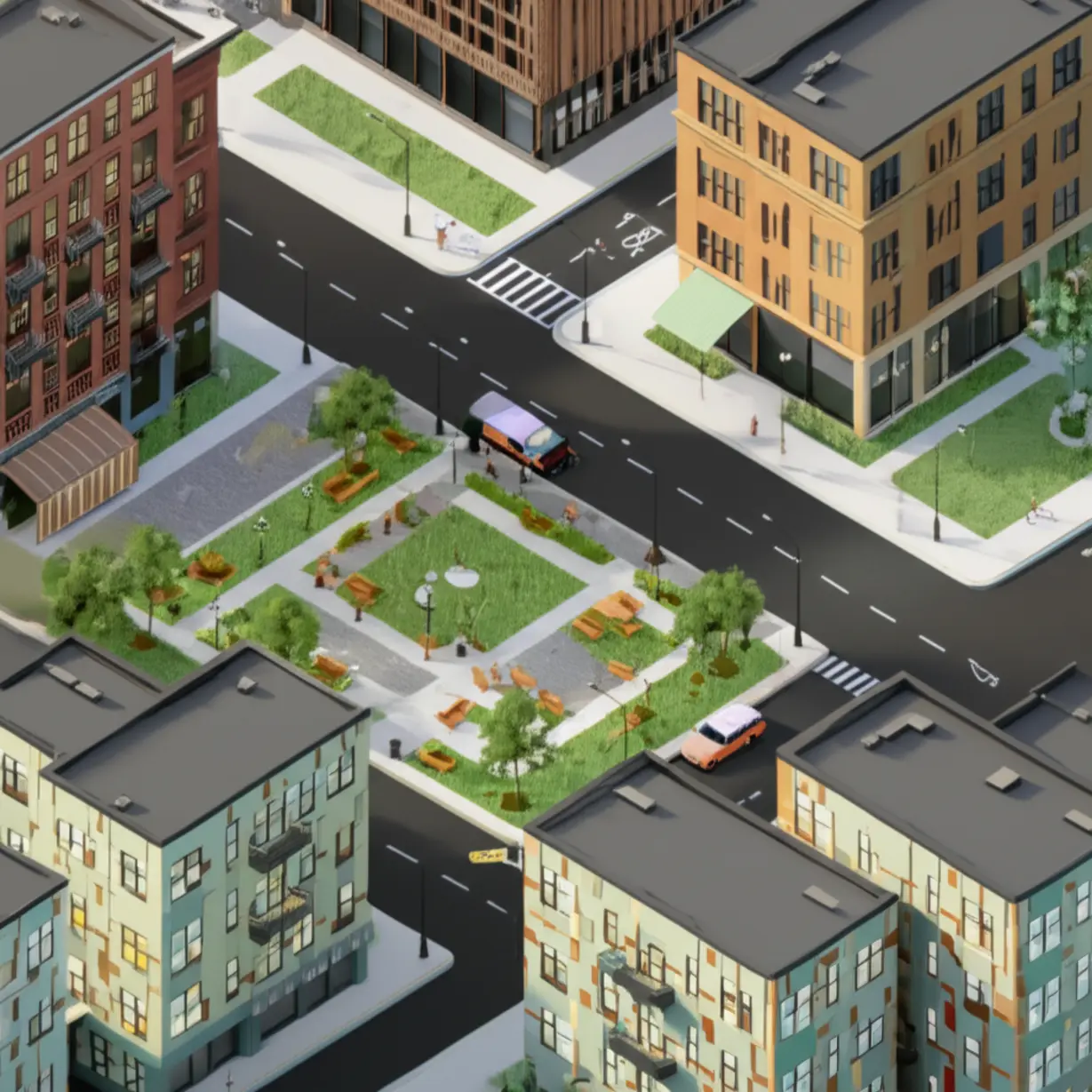 낡은-골목이-공원과-새-건물로-바뀐-재개발-지역의-3D-일러스트,-깨끗해진-동네와-상가들이-어우러진-모습