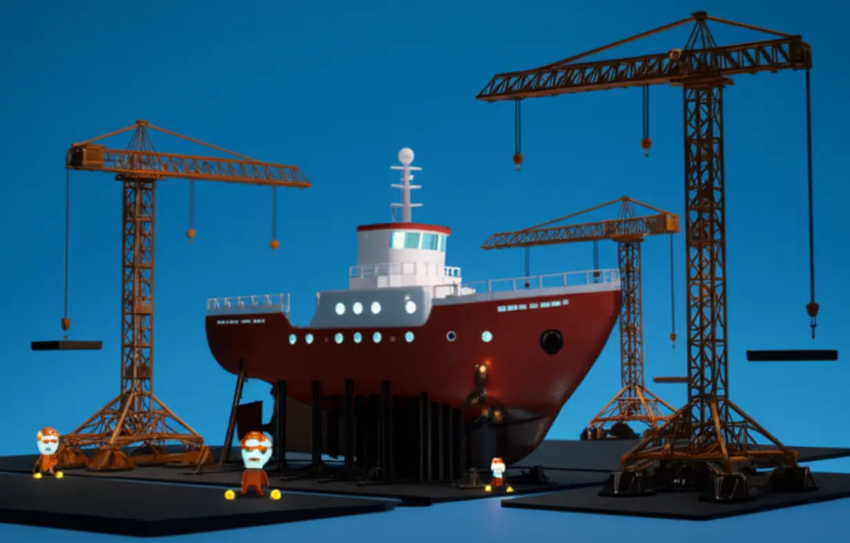 조선소에서-배가-지어지는-모습과-작은-크레인들이-보이는-삼성중공업의-활기찬-조선업-현장을-표현한-귀여운-3D-일러스트입니다.
