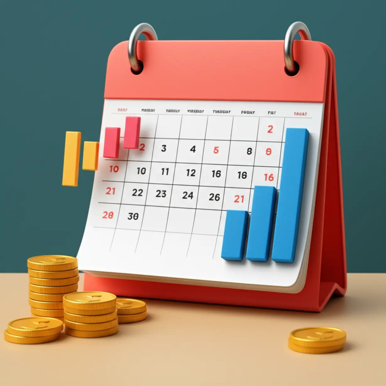 달력-위에-동전-더미와-막대-그래프가-놓여-있어-중요한-기업-실적-발표-시즌과-재테크-계획을-상징하는-3D-이미지입니다.