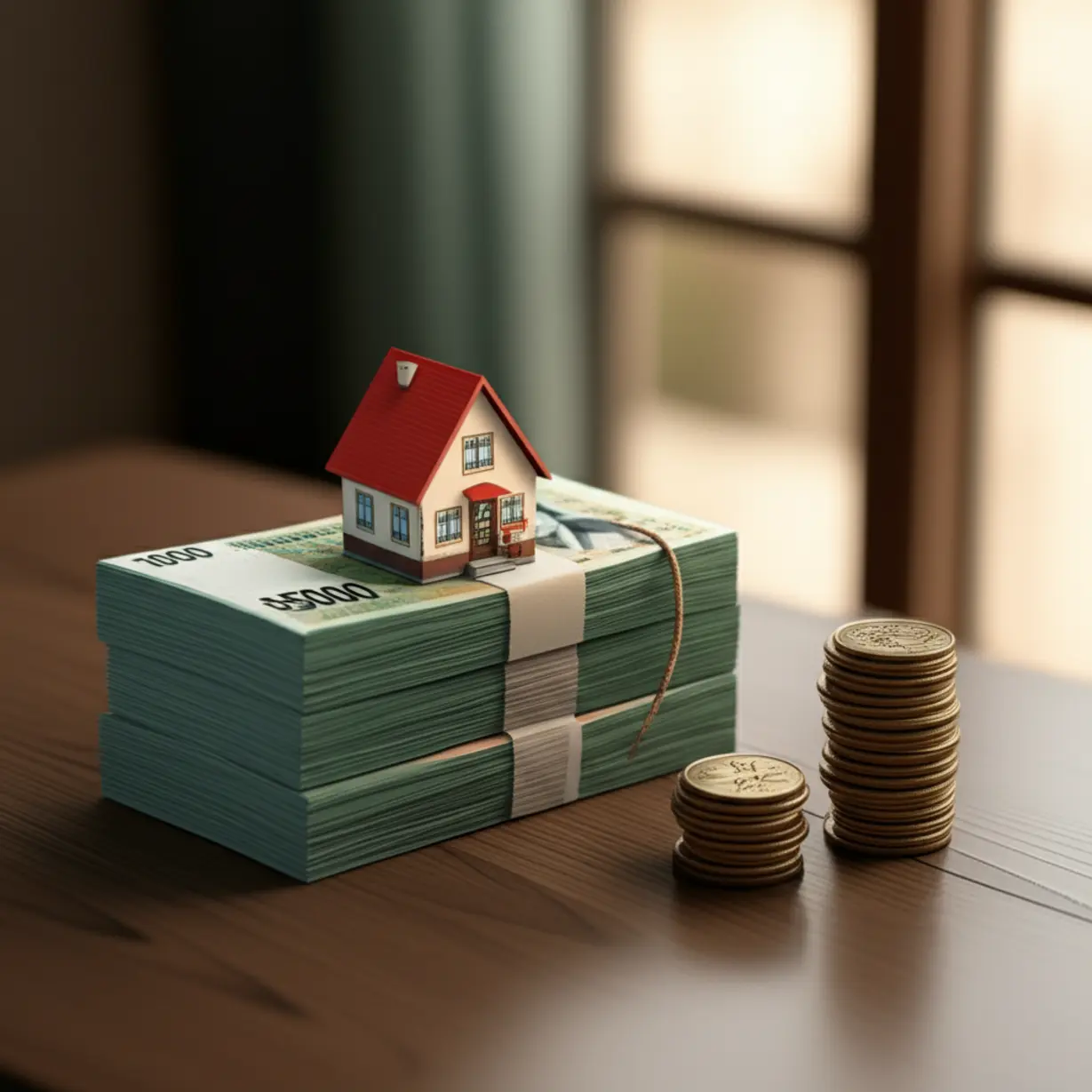 현금-부족-아파트-매매를-나타내는-3D-이미지.-집-모형과-묶인-돈-뭉치로-외상-구매-개념을-설명합니다.