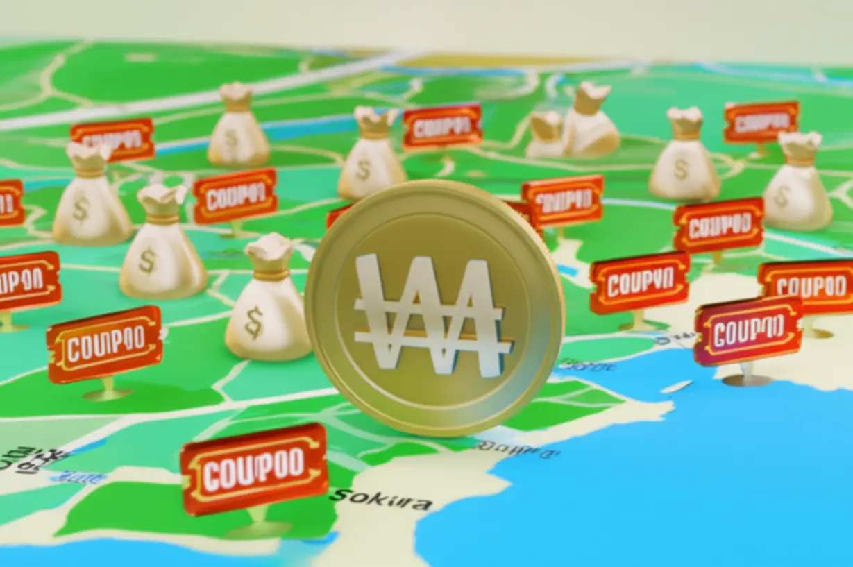 서울-지도-위-민생회복-소비쿠폰과-서울사랑상품권,-1만원-동전-아이콘이-놓인-3D-이미지,-서울-시민을-위한-특별한-혜택을-상징합니다.