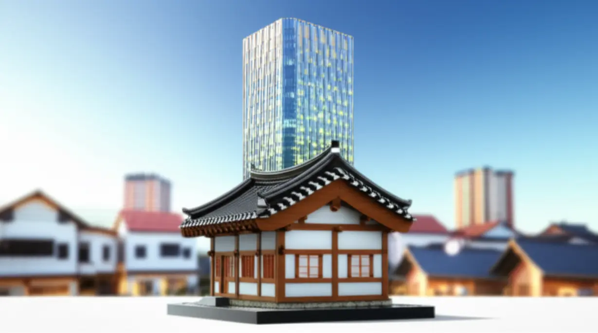 지방-주택에서-서울-강남-아파트로-변화하는-부동산-투자-흐름을-보여주는-이미지.-오래된-한옥이-세련된-강남-아파트로-바뀌며-부동산-시장의-변화를-상징합니다.