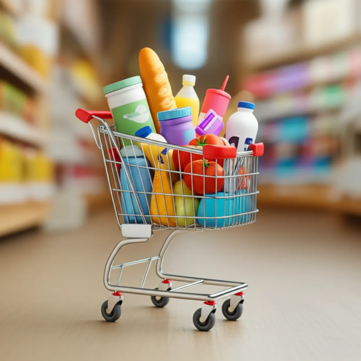 생활용품으로-가득-찬-귀여운-쇼핑-카트와-소비쿠폰이-보이는-이미지,-민생지원금-사용의-폭넓음을-보여줍니다.