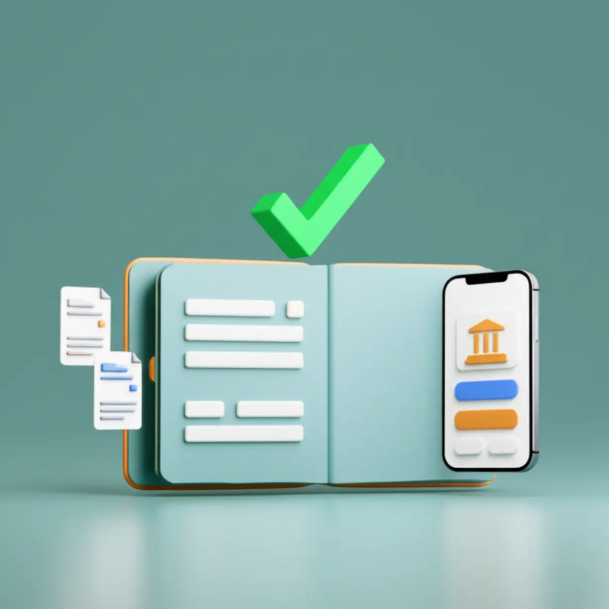 귀여운-통장-위에-초록색-체크-표시가-있고,-서류와-스마트폰이-함께-있는-그림으로,-청년-주택드림-통장-가입-방법을-쉽고-간편하게-보여줍니다.