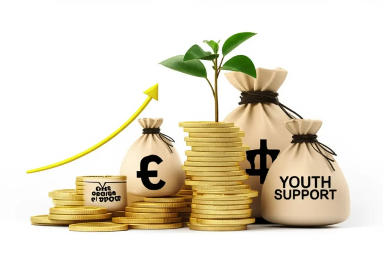 한부모가정에-제공되는-다양한-지원금을-상징하는-귀여운-3D-이미지.-여러-종류의-동전-더미와-작은-돈-주머니가-놓여-있습니다.