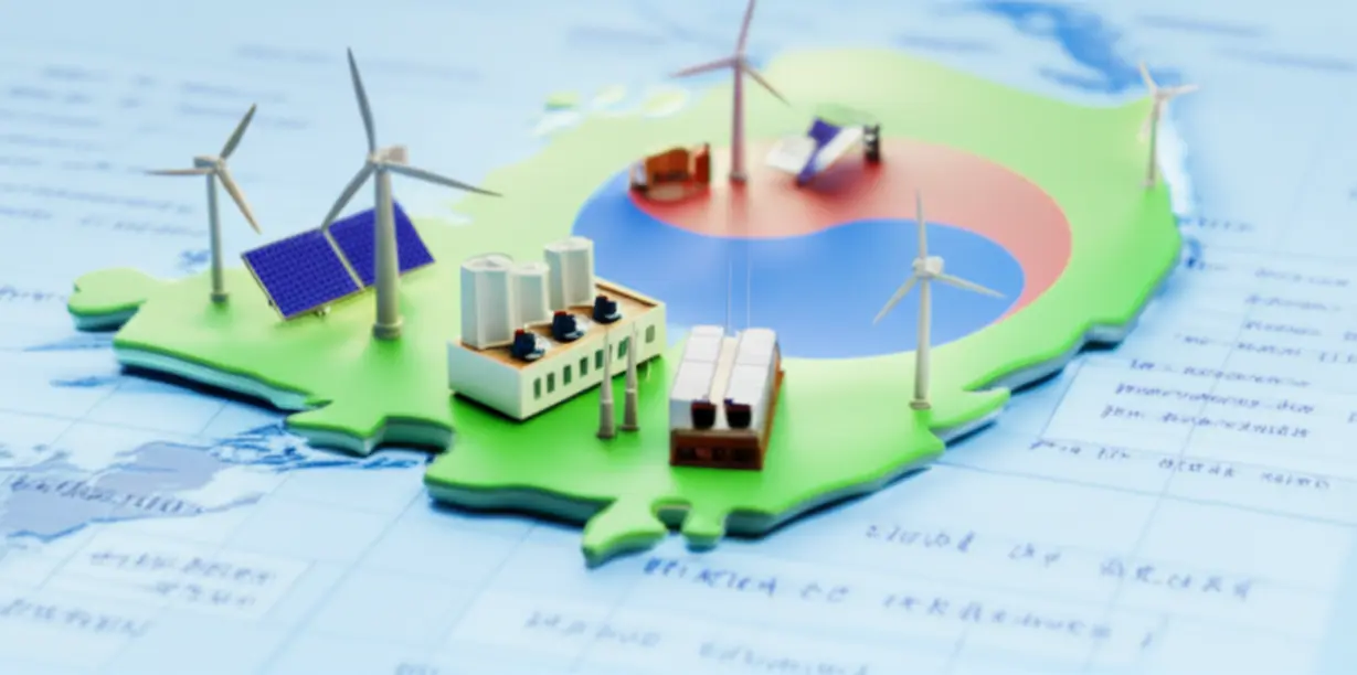 한국-지도-위에-RE100-산업단지-조성-계획을-나타내는-청사진-이미지.-정부의-적극적인-RE100-정책-추진-의지를-보여줍니다.