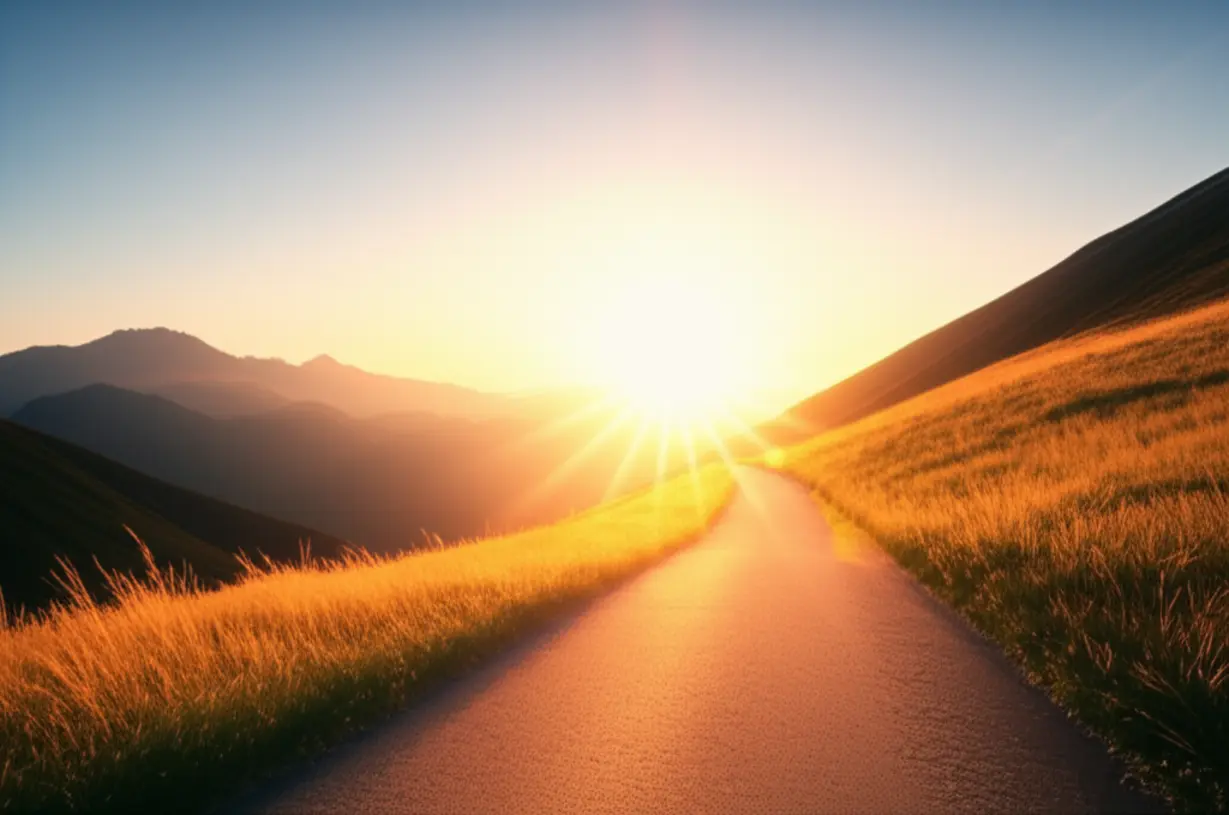 밝은-태양이-떠오르는-산길-풍경-귀여운-3D-이미지-(Cute-3D-image-of-a-bright-sunrise-over-a-mountain-path)