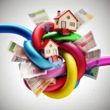 복잡하게-얽힌-리본과-주택-모형-강력한-부동산-규제와-가계부채-상징-(Complex-ribbons-and-house-models-symbolizing-strong-real-estate-regulations-and-household-debt)