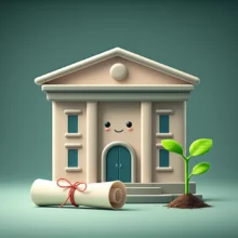 실업급여-신청을-상징하는-귀엽고-친근한-3D-정부-건물-아이콘과-도움을-주는-서류-이미지.-재취업-희망을-나타내는-작은-새싹이-함께-있습니다.