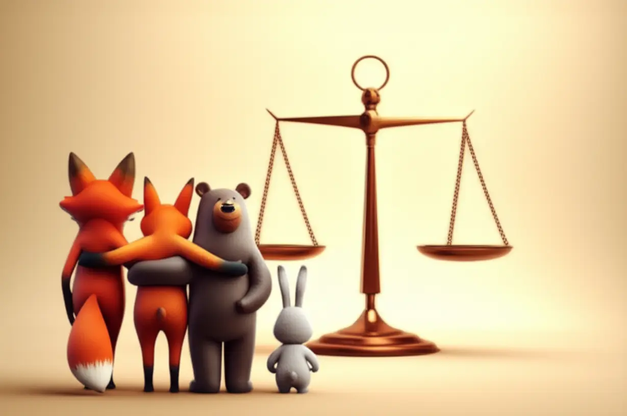 균형-잡힌-저울을-바라보는-다양한-동물-친구들.-기업-지배구조-개선을-위한-단합된-힘을-나타냅니다.