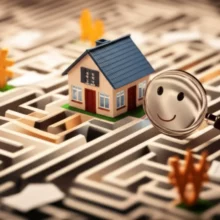 복잡한-부동산-규제-속-아파트-매매-길을-찾는-현명한-모습의-3D-이미지.-규제-미로를-탐색하는-내집마련-주택과-돈-모양-아이콘.