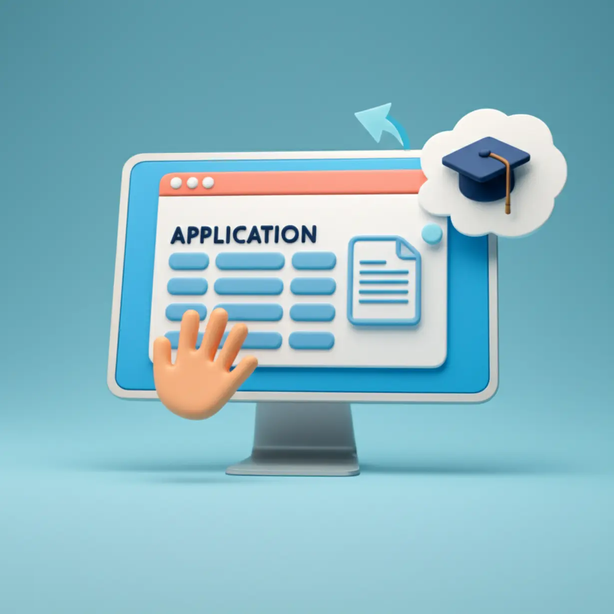 청소년-한부모가정-지원-혜택과-신청-절차를-보여주는-귀여운-3D-이미지.-온라인-신청-화면과-서류,-졸업-모자가-놓여-있습니다.