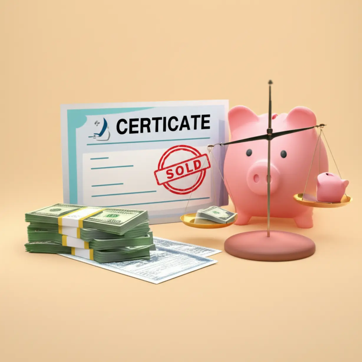 주식-매도-시-발생하는-양도소득세와-과세-대상을-설명하는-귀여운-3D-그림.-주식-증서,-돈,-세금-서류-이미지가-보입니다.-대주주-세금-안내.