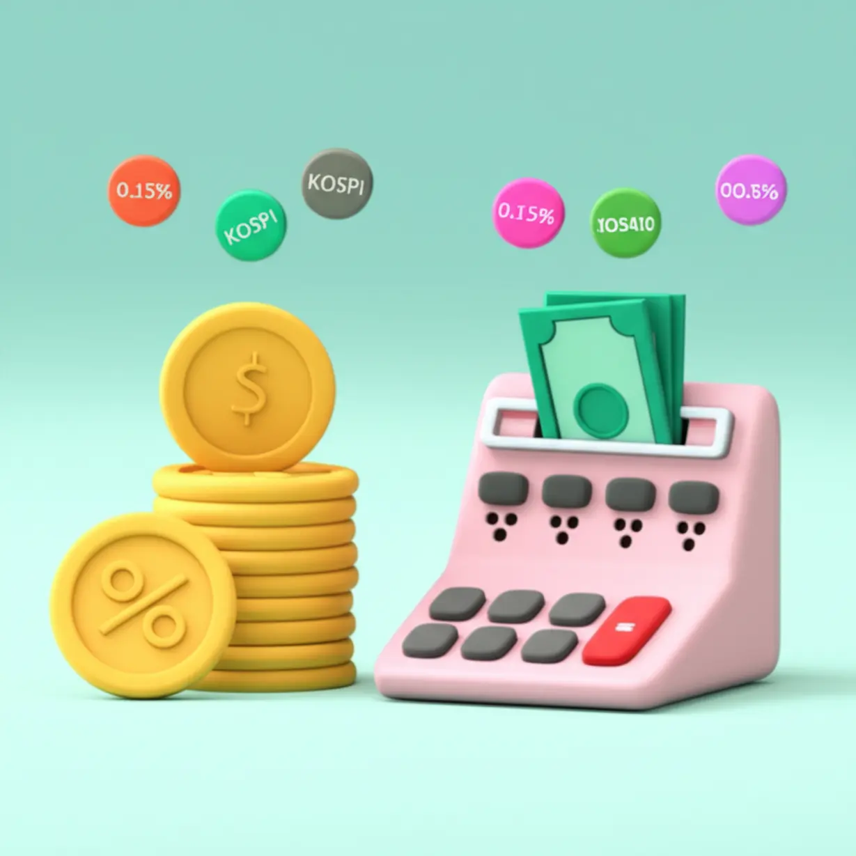 주식-매도-시-자동으로-부과되는-증권거래세를-설명하는-귀여운-3D-그림.-주식-교환-장면과-자동-계산,-공제되는-돈-이미지가-보입니다.