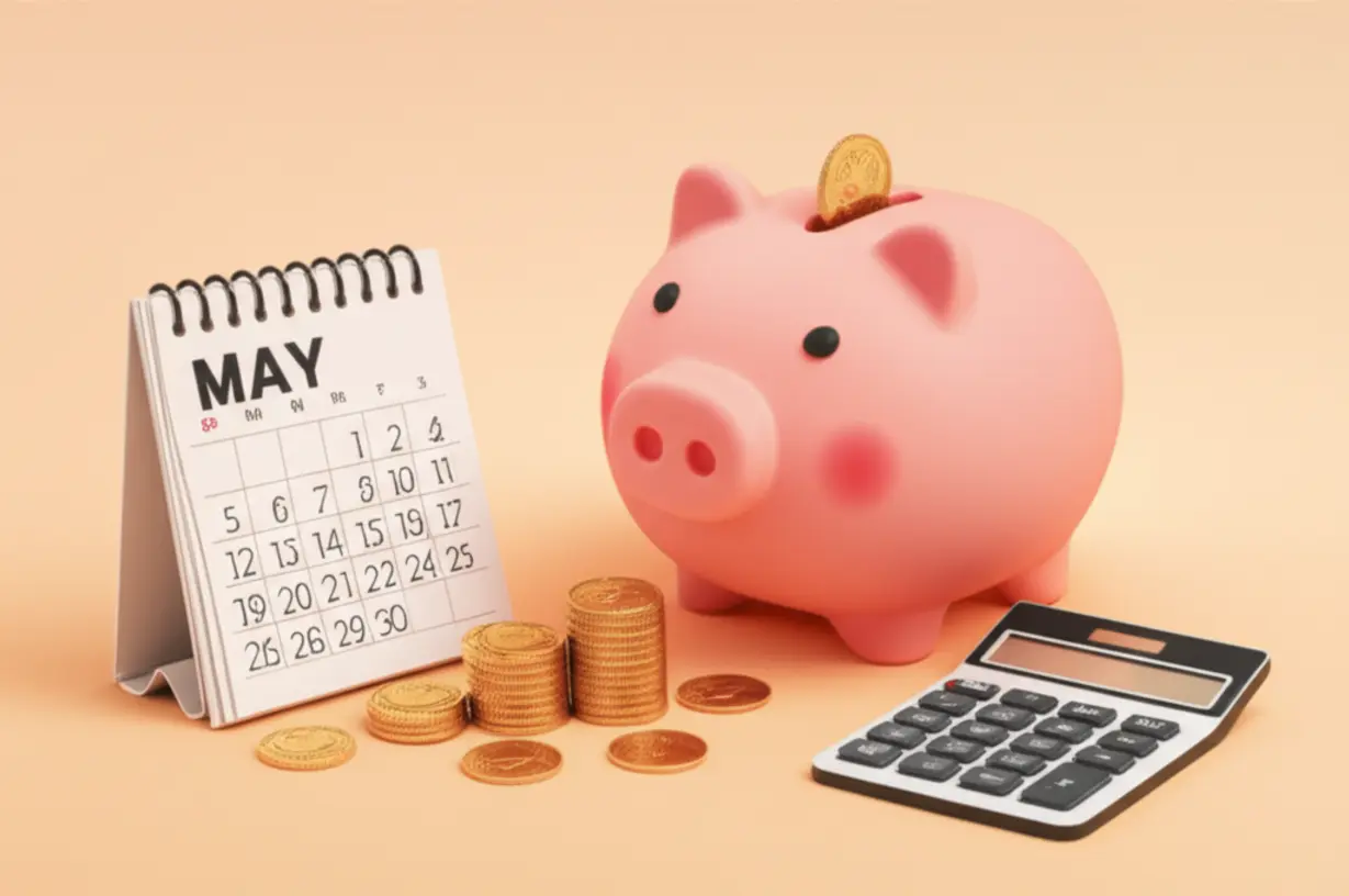 주식-배당금에-대한-종합소득세-신고를-설명하는-귀여운-3D-그림.-배당금-코인,-저금통,-5월-달력,-계산기-이미지가-보입니다.