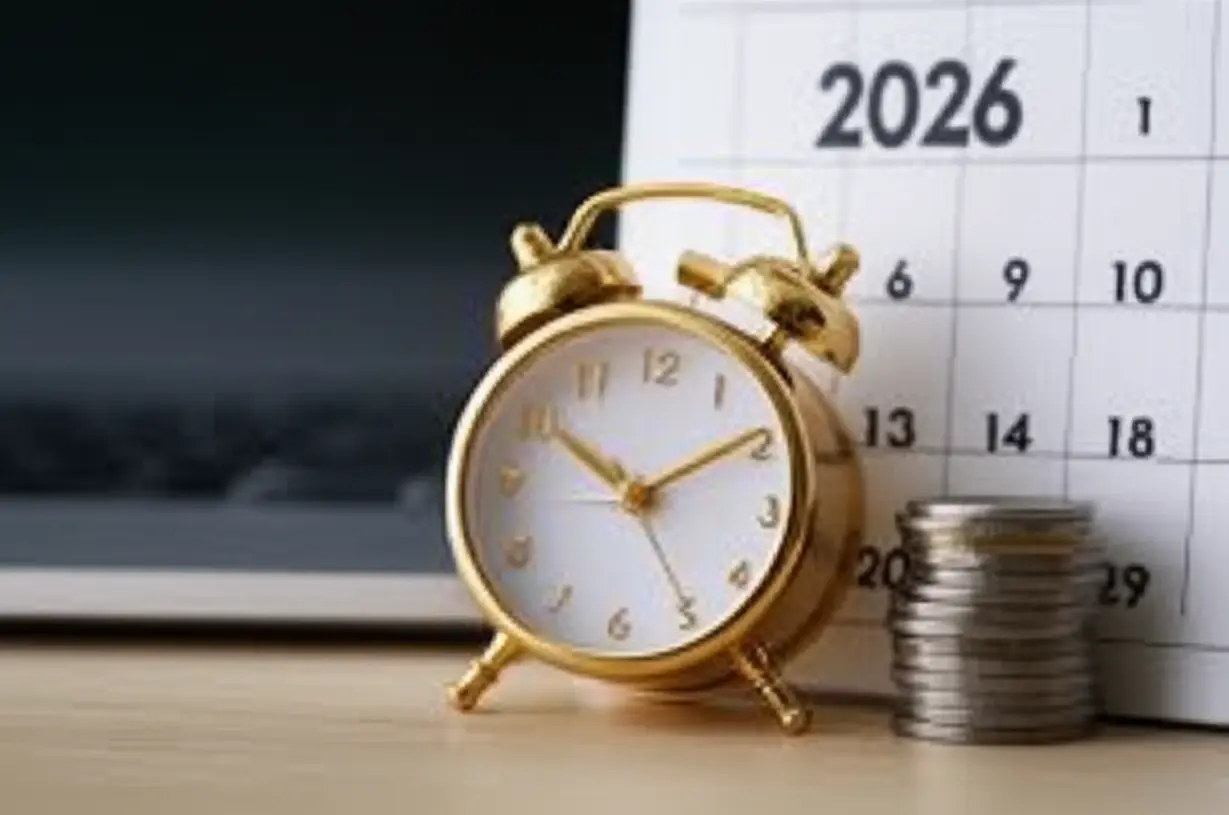 2026년-최저시급-확정을-알리는-시계와-동전-이미지,-안정된-생활비를-상징합니다.