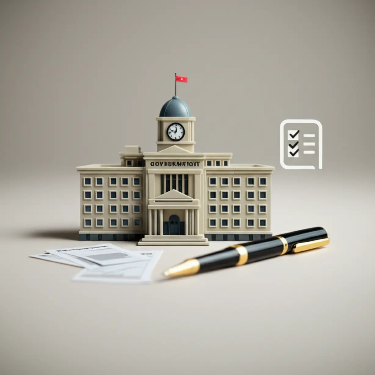 주택임대사업자-등록-절차를-나타내는-귀여운-3D-시청-건물과-서류,-펜-이미지.