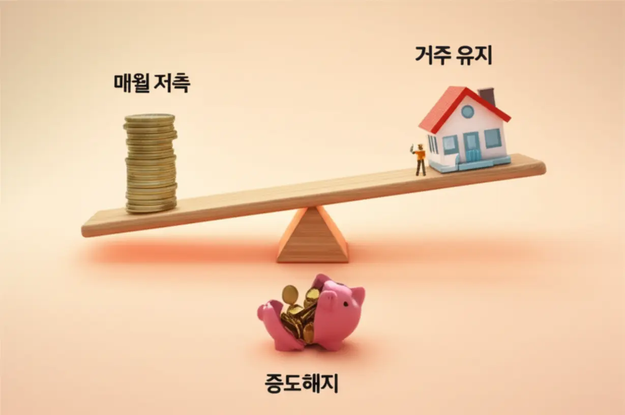 균형-잡힌-시소의-한쪽엔-저축,-다른-쪽엔-집과-근로자-모습이-그려진-모습.-통장-유지의-중요성과-중도-해지-시-주의점을-나타냅니다.