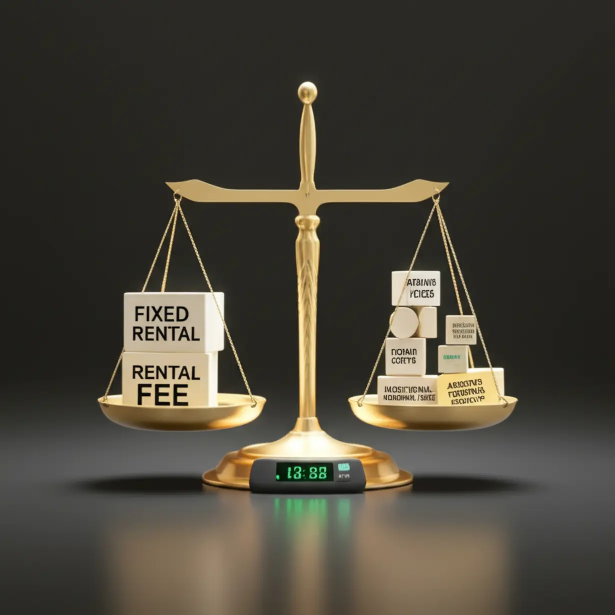 무선카드단말기-렌탈의-고정된-수수료와-변동되는-수리비,-설치비-등을-스마트하게-조절하며-관리하는-모습을-형상화한-귀여운-3D-저울-이미지