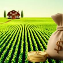 싱그러운-초록빛-농경지-배경의-귀여운-3D-이미지,-농사직불금과-농업경영체-등록을-상징하는-동전-꾸러미가-놓인-모습