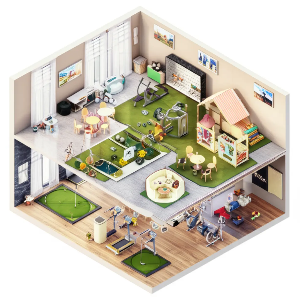 청라-피크원-푸르지오의-골프-연습장,-피트니스-센터,-카페,-키즈룸-등-아파트급-커뮤니티-시설을-보여주는-3D-이미지입니다.