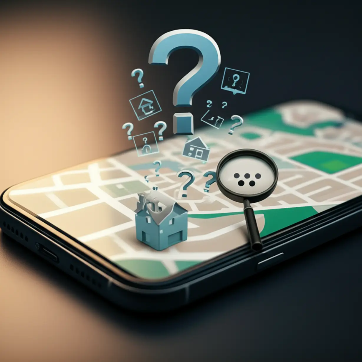 다방-직방-앱-사용-시-복잡한-매물-정보와-허위매물을-조심해야-하는-모습을-나타낸-3D-일러스트.-모바일-앱-사용-시-주의사항.