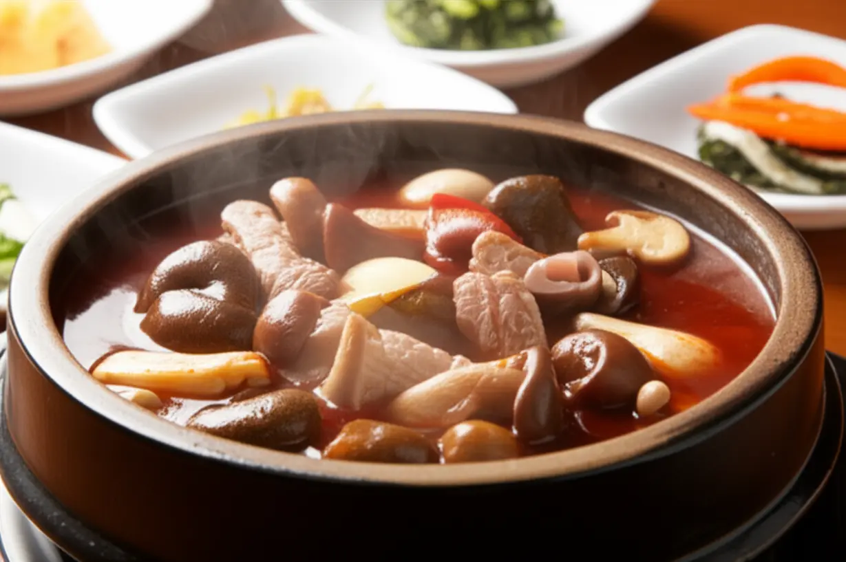 깊고-진한-국물에-다양한-야생-산버섯과-돼지고기가-어우러진-괴산-별미식당-산버섯찌개.-건강과-맛을-모두-잡은-특별한-보양식.