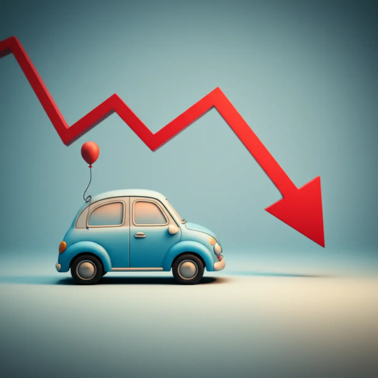 자동차-주식-하락의-원인을-보여주는-귀여운-3D-이미지.-약간-시무룩한-자동차-옆으로-주가-그래프가-하락하는-모습을-표현했습니다.
