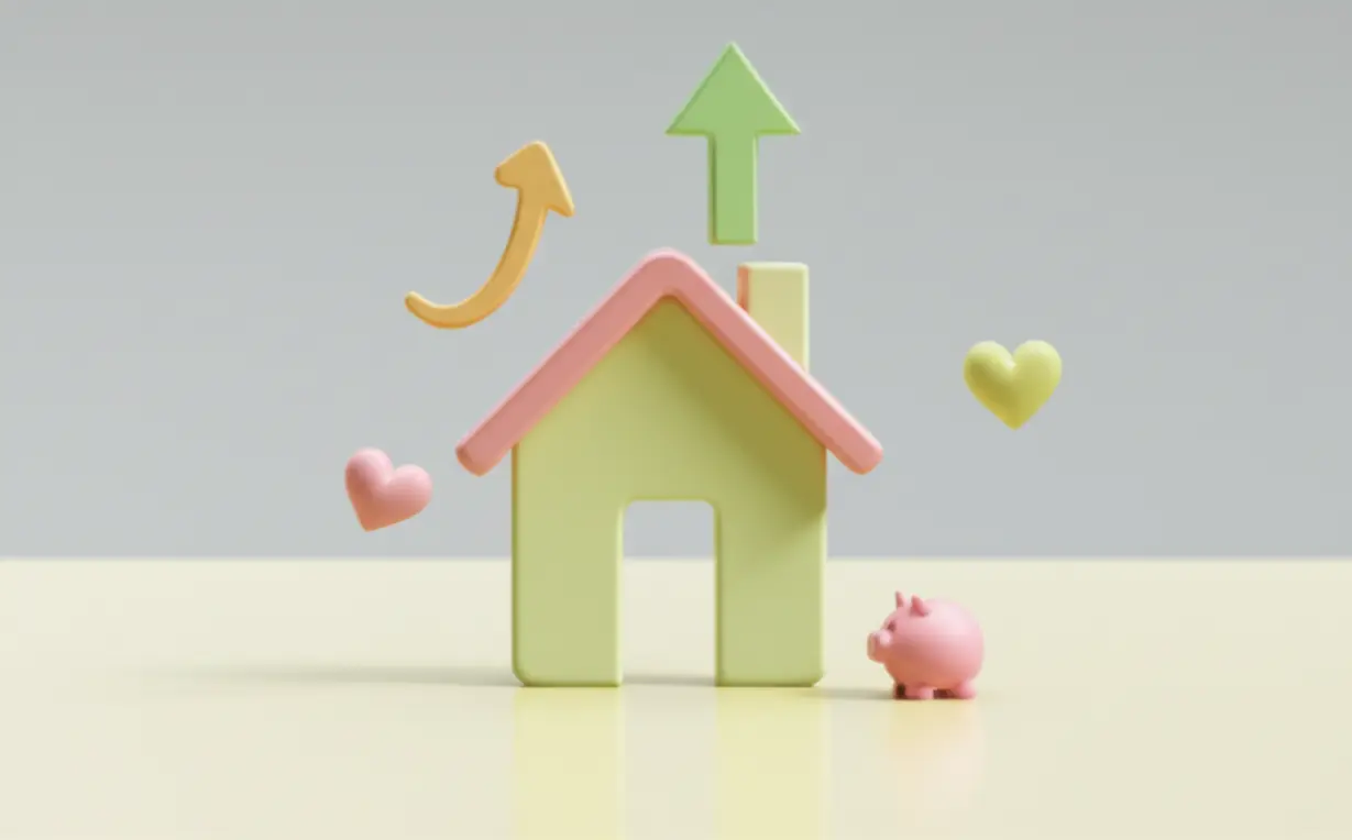 작은-집-아이콘-주변에-위를-향하는-화살표,-하트,-저금통이-놓인-3D-이미지로,-무주택-증명으로-얻을-수-있는-혜택과-기회를-상징합니다.