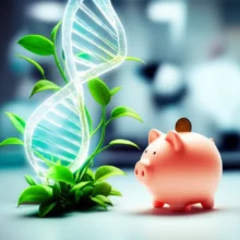 SK바이오팜-성장을-상징하는-빛나는-DNA-나선과-푸른-잎사귀,-투자-수익을-의미하는-귀여운-저금통-이미지.-바이오-산업의-희망찬-미래와-재정적-성장을-시각화한-그림.