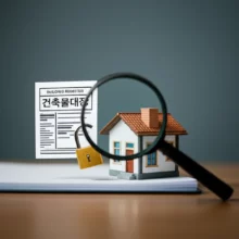 부동산-안전을-상징하는-귀여운-3D-주택과-건축물대장-서류-이미지가-돋보기와-자물쇠-아이콘과-함께-있는-모습.-건축물대장-발급과-무료열람의-중요성을-나타냅니다.