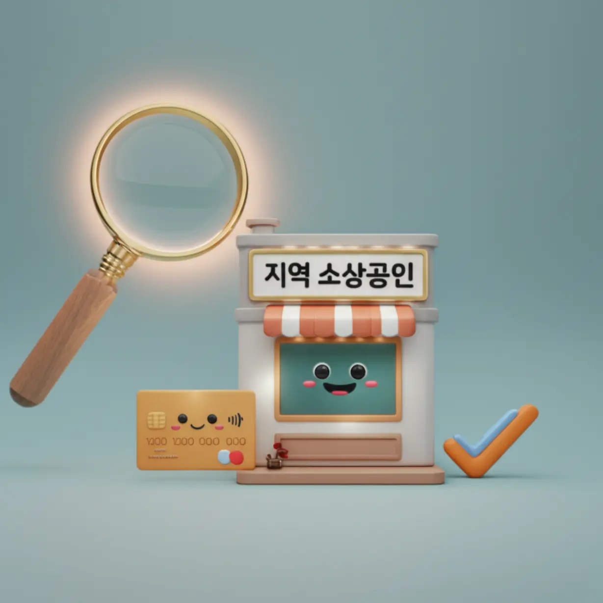 민생회복-소비쿠폰-사용-조건을-확인하는-모습을-상징하는-돋보기와-귀여운-소상공인-가게,-신용카드-이미지가-함께-있는-그림