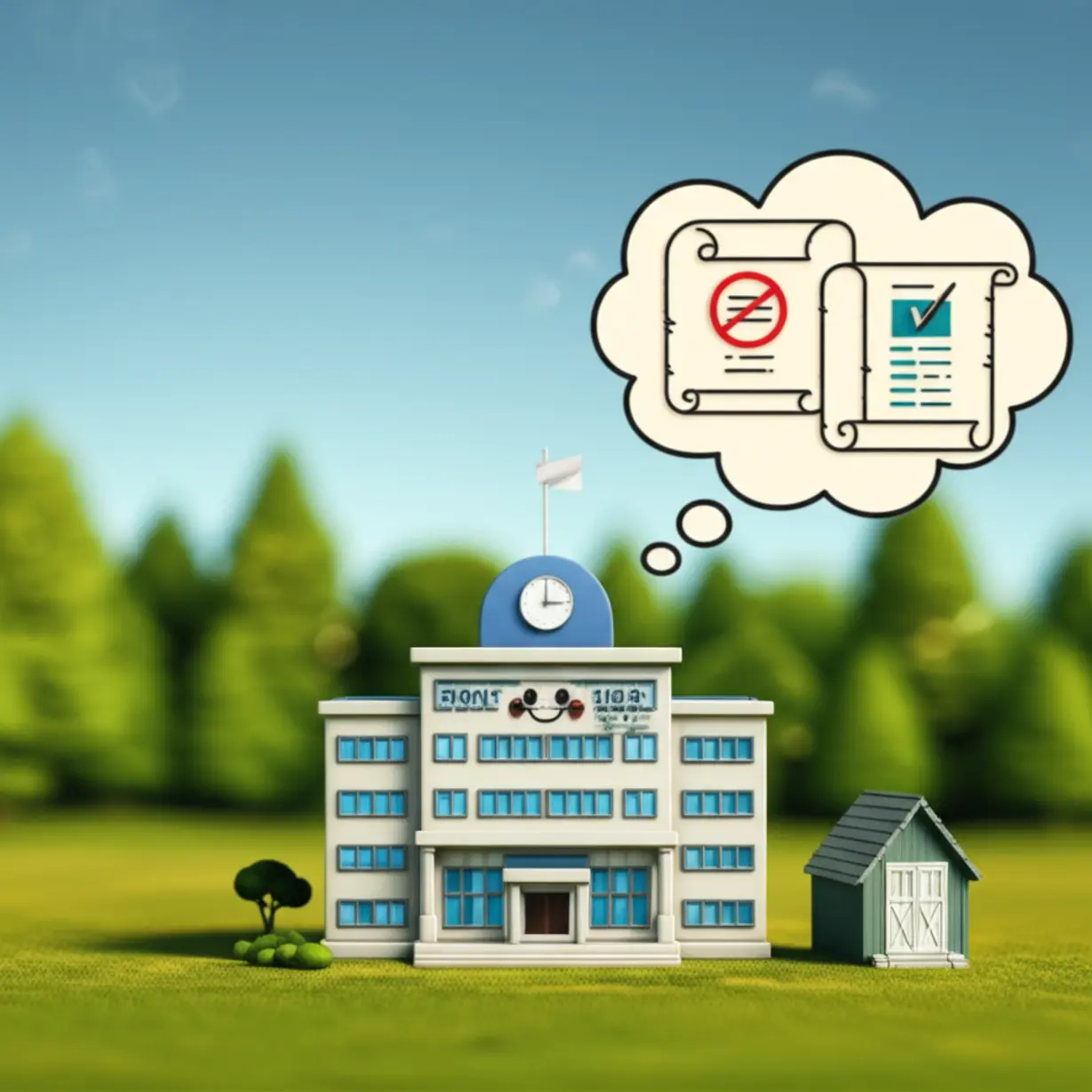 지자체-건물-앞에서-규정-준수를-상징하는-농막-그림.-지역별-규정-확인의-중요성을-강조하는-모습.