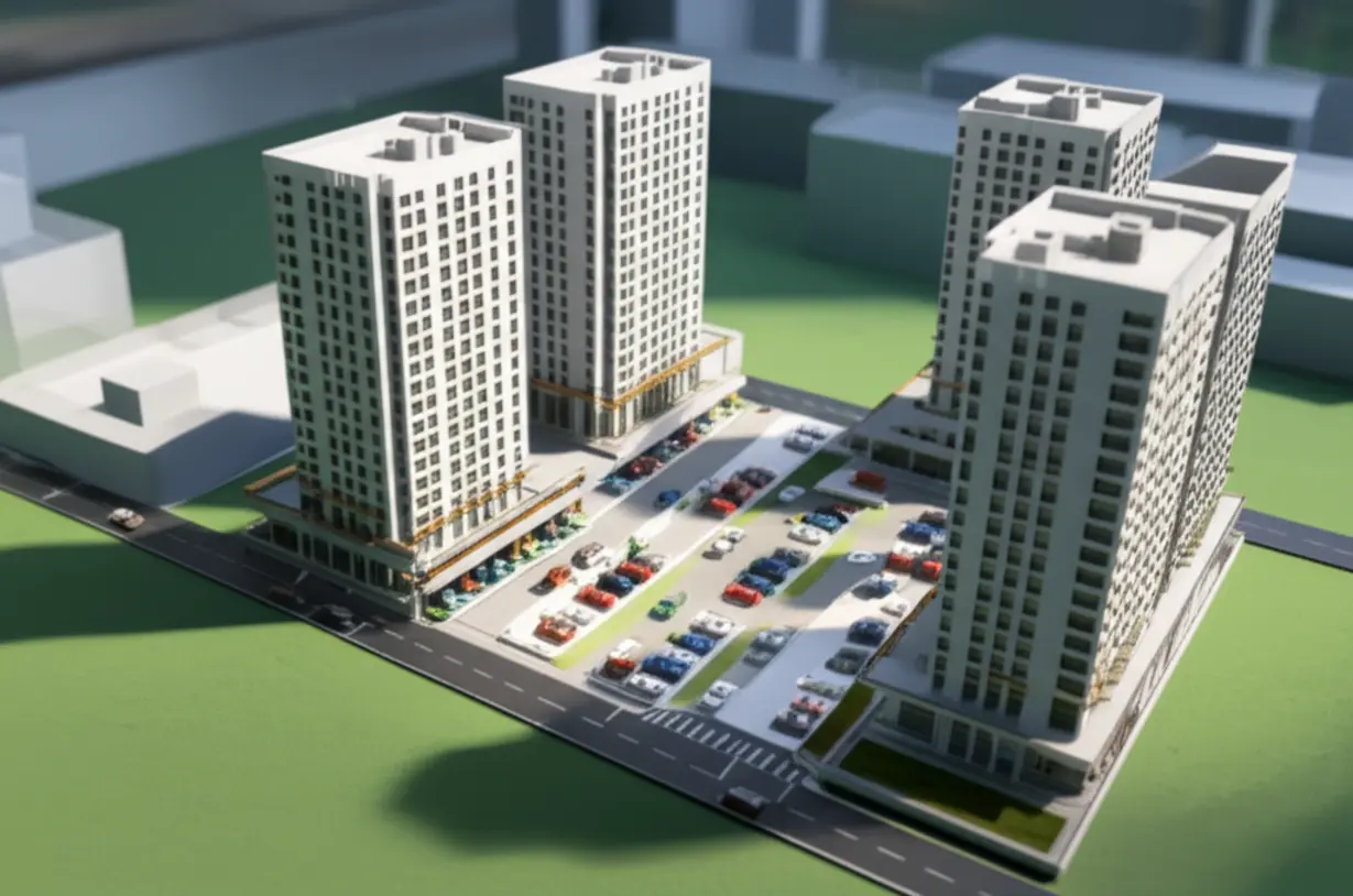 청라-피크원-푸르지오-오피스텔-단지의-전체적인-모습과-넉넉한-주차-공간을-보여주는-3D-모델-이미지입니다.