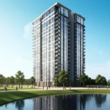 청라국제업무단지에-들어설-청라-피크원-푸르지오-오피스텔의-현대적이고-아름다운-외관-모습.-주변에는-푸른-공원과-잔잔한-호수가-어우러져-있습니다.