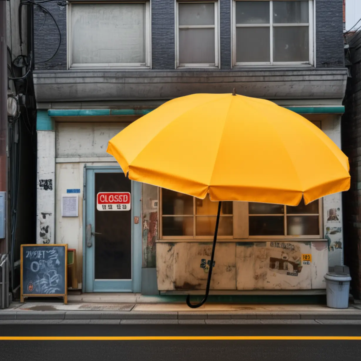 Closed Shop Protected by Yellow Umbrella