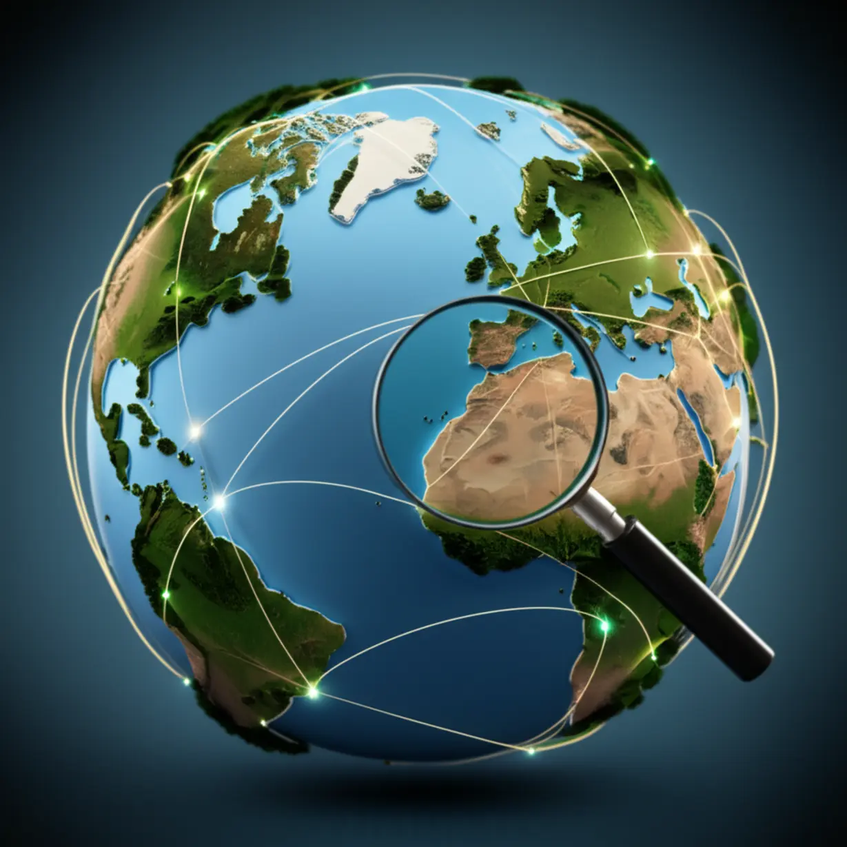 다양한-토지-필지들이-표시된-지구본-모양의-지도가-있고,-그-위로-정보가-흐르는-듯한-빛줄기와-돋보기가-있는-3D-이미지.-토지이음-서비스의-핵심-개념을-시각적으로-보여줍니다.