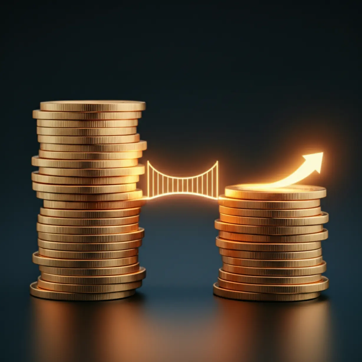 두-개의-동전-더미가-다리로-연결된-이미지.-사모펀드와-헤지펀드의-차이점과-공통점,-그리고-경계가-흐려지는-현상을-상징합니다.